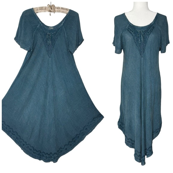 Vintage Free Size Umbrella‎ Dress Asymmetrical Gypsy Boho Beachy Flowy Teal Blue - Picture 1 of 8